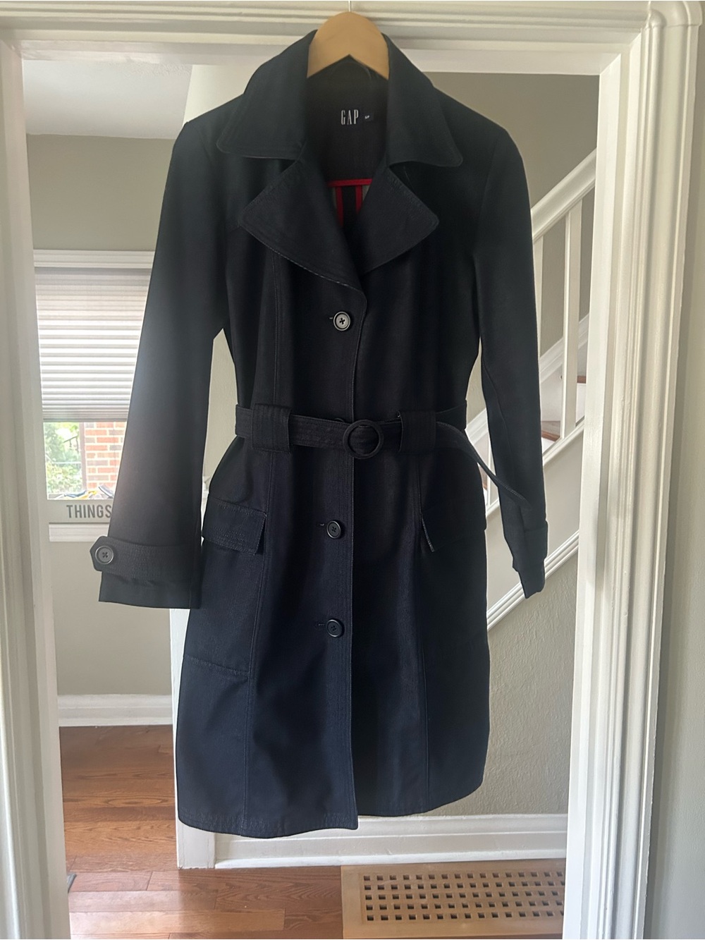 VINTAGE GAP Black Belted Denim Trench Coat Lapel Collar Y2K MIDI Classic